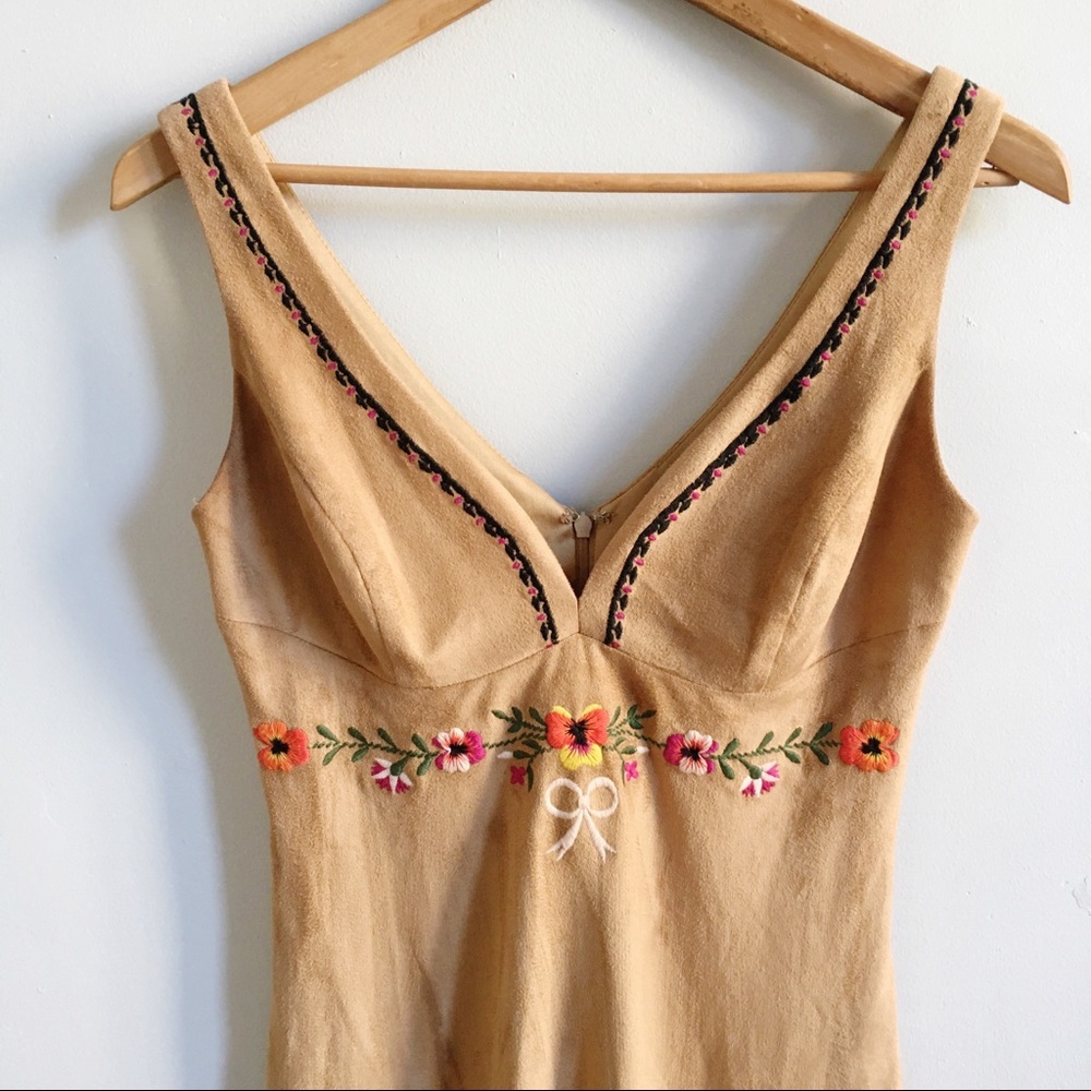 VINTAGE Allen Schwartz Suede Embroidered Dress 2 - Picture 3 of 8